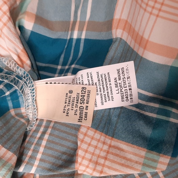 L.L.Bean teal plaid short sleeve beach cruiser button up top, size medium - Picture 10 of 11